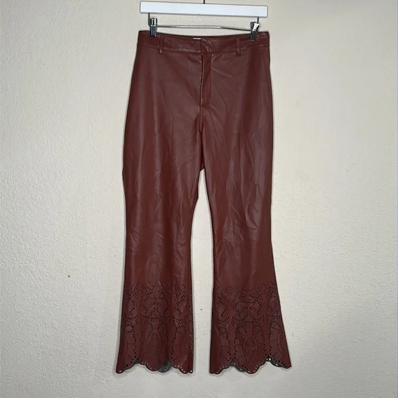 NWOT Anthropologie Laser-Cut Faux Leather Trousers Brown Size 14 Fall Autumn - Picture 5 of 17